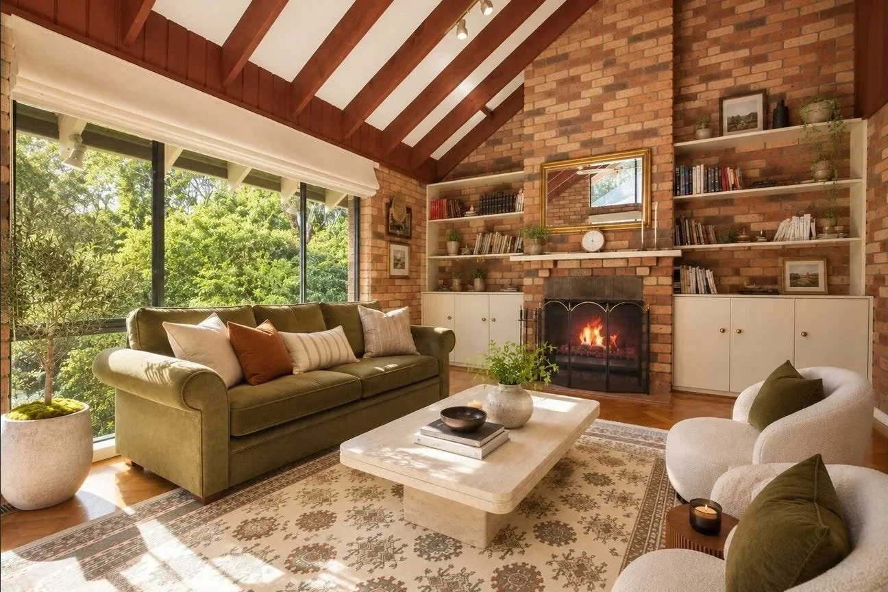 Living room with large window, brick fireplace, built-in white shelves, green sofa, two white armchairs, and a large white coffee table, with a beige patterned rug and plants.