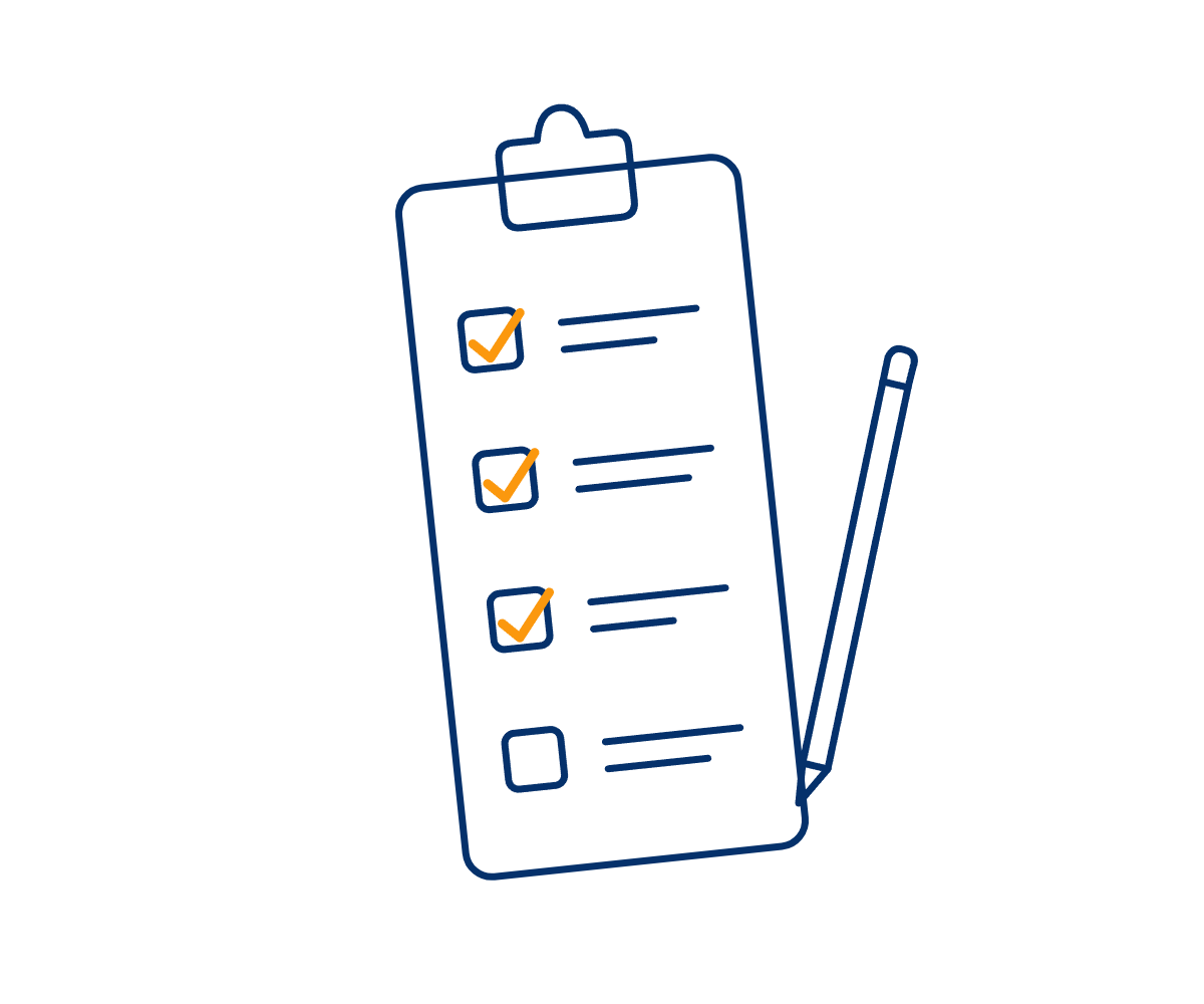 Line drawing of a checklist on a clipboard with a pencil