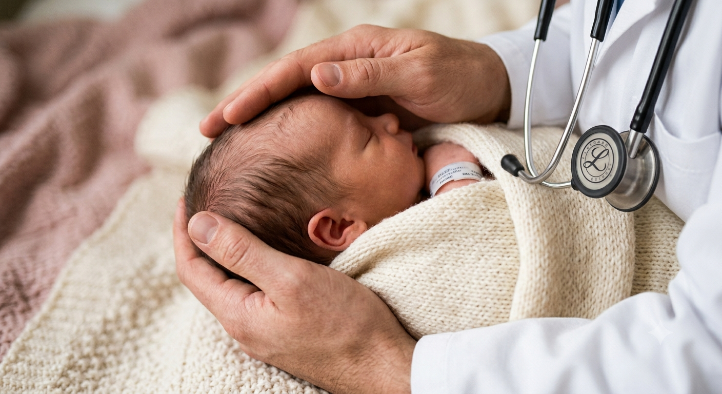 A doctor gently holding a newborn baby with a stethoscope around their neck.