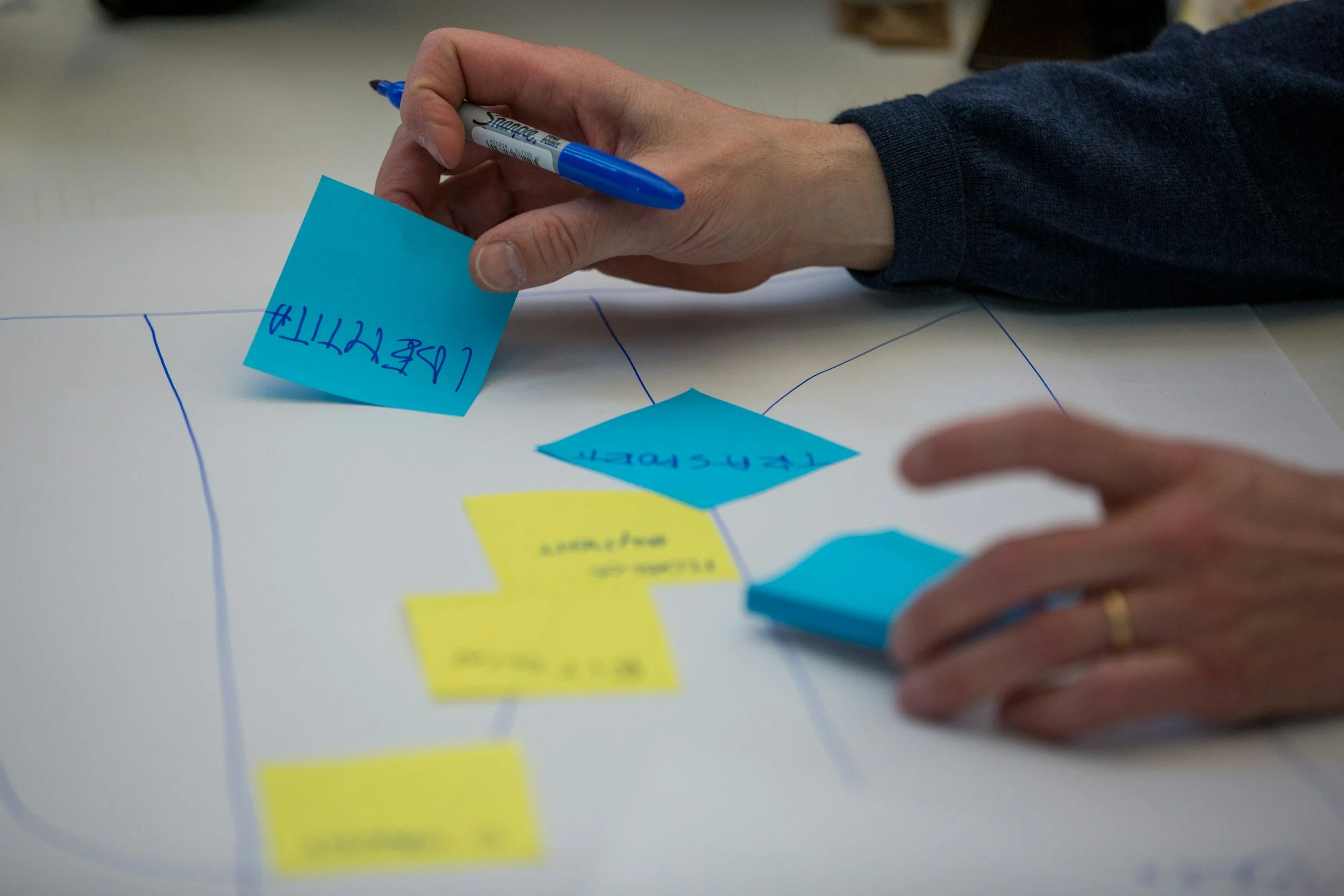 Close-up of a person's hand placing a blue sticky note on a paper with other notes and lines, using a blue marker, in a work or brainstorming session.