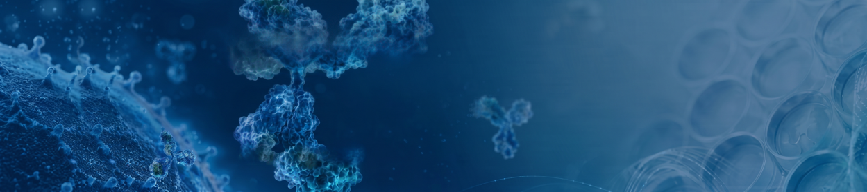 Illustration of viruses or bacteria, with a blue color theme.