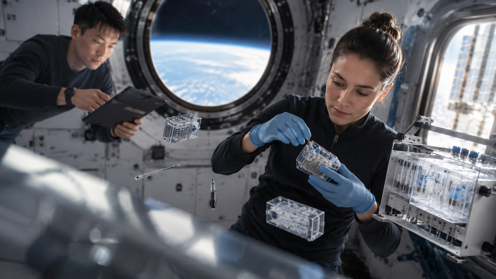 Two scientists working inside a spacecraft or space station module, with Earth seen through a large circular window. One scientist is examining a small clear plastic container, while the other is holding a tablet or data device.