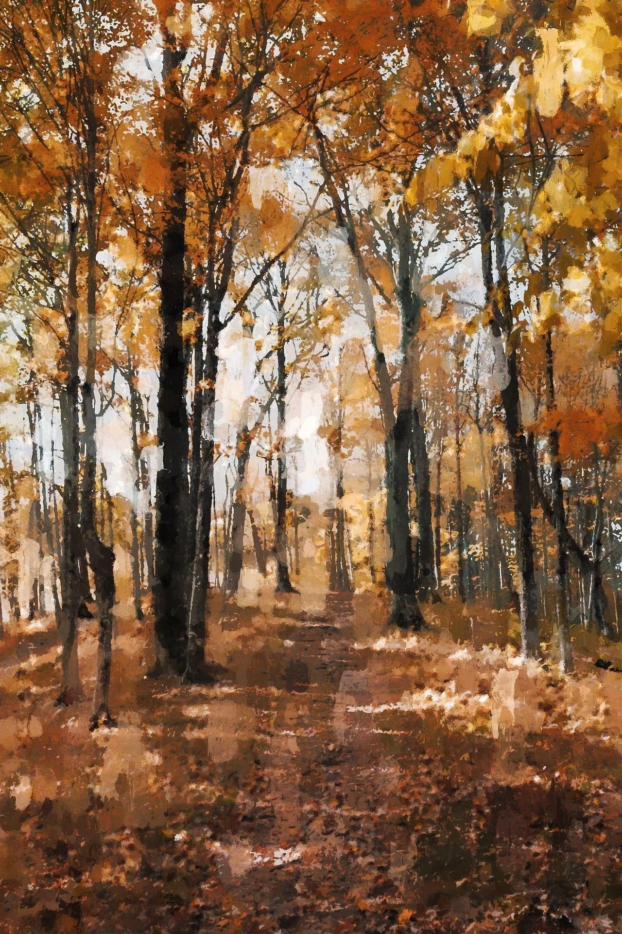 A painting of an autumn forest with trees that have orange and yellow leaves, a dirt path on the ground, and a misty background.