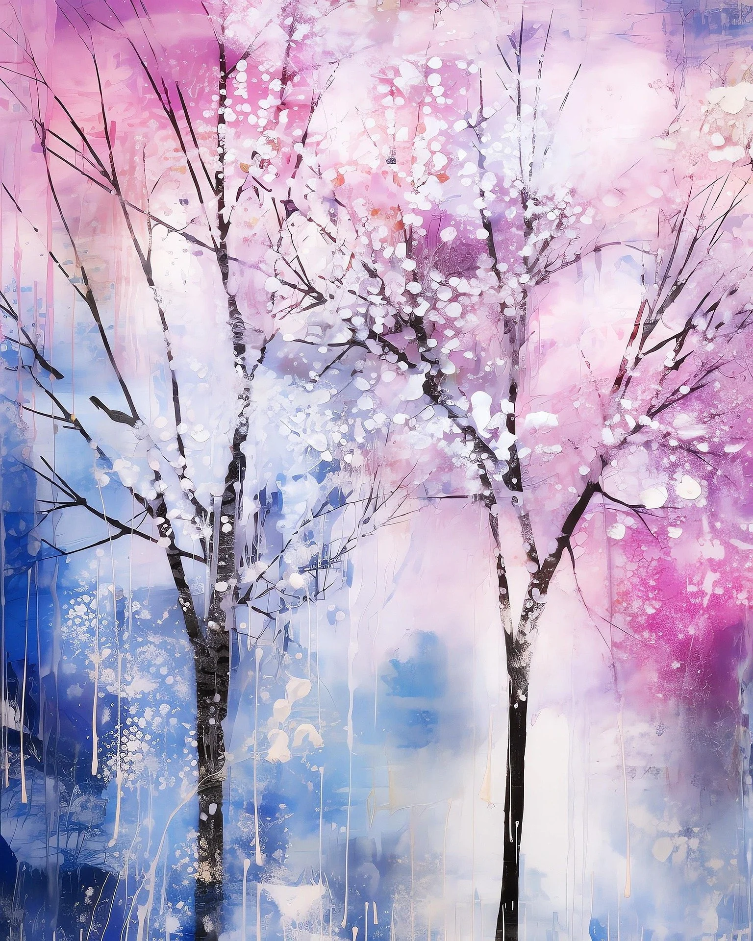 An artistic digital painting of two tree trunks with pink, purple, and blue blossoms and a watercolor background.