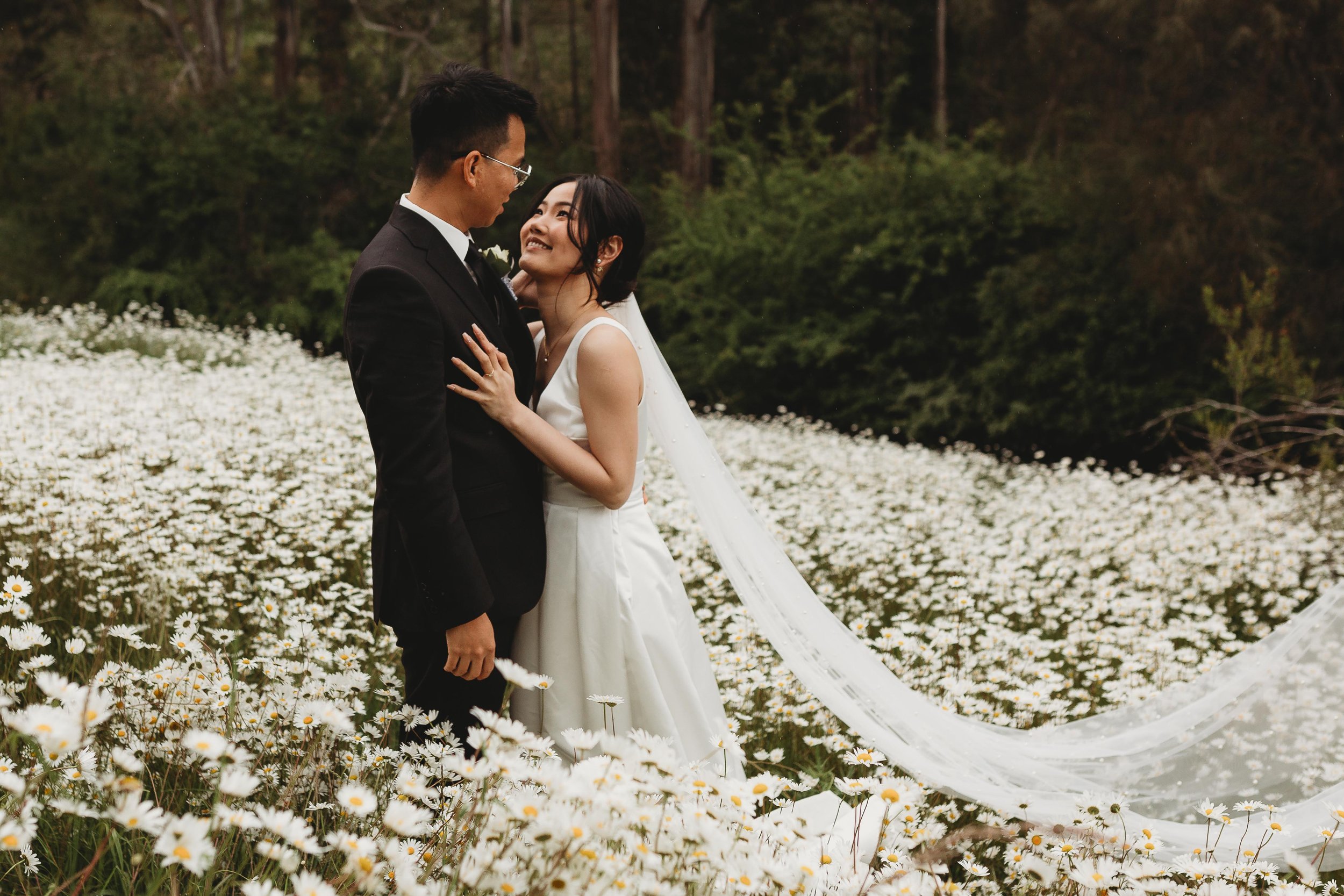 Bride and groom looking at each other in a field of dashes
