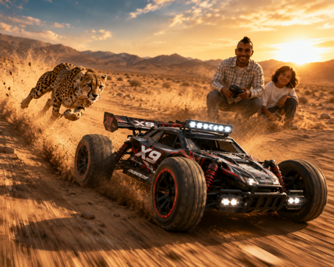 A remote-controlled car racing through a desert, with a cheetah leaping nearby and two people watching from behind, during sunset.