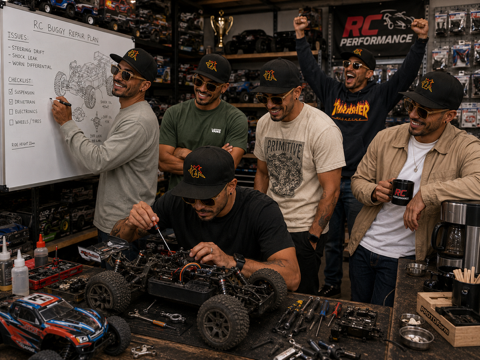 A group of six men working on and celebrating RC car building or repairing in an RC hobby store. One man is working on an RC car at the workbench, while the others are standing nearby, some smiling and one raising his fists in excitement. The background shows shelves with RC components and a whiteboard with a repair plan.