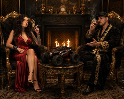 A man and woman sitting in ornate chairs next to a fireplace, smoking cigars, with a remote control on the small table between them. The woman wears a red dress, and the man is dressed in a black and gold outfit.