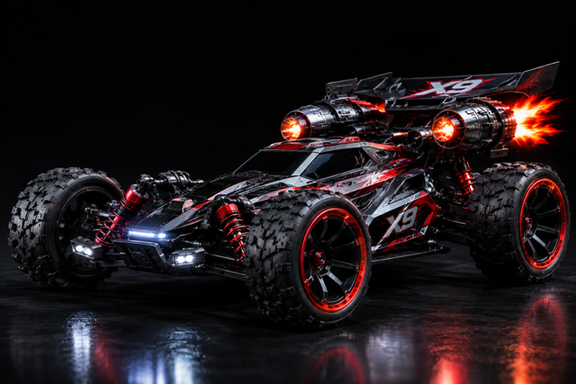 A futuristic racing drone vehicle resembling a car with large tires, a sleek black and red body, and rocket exhausts at the back.