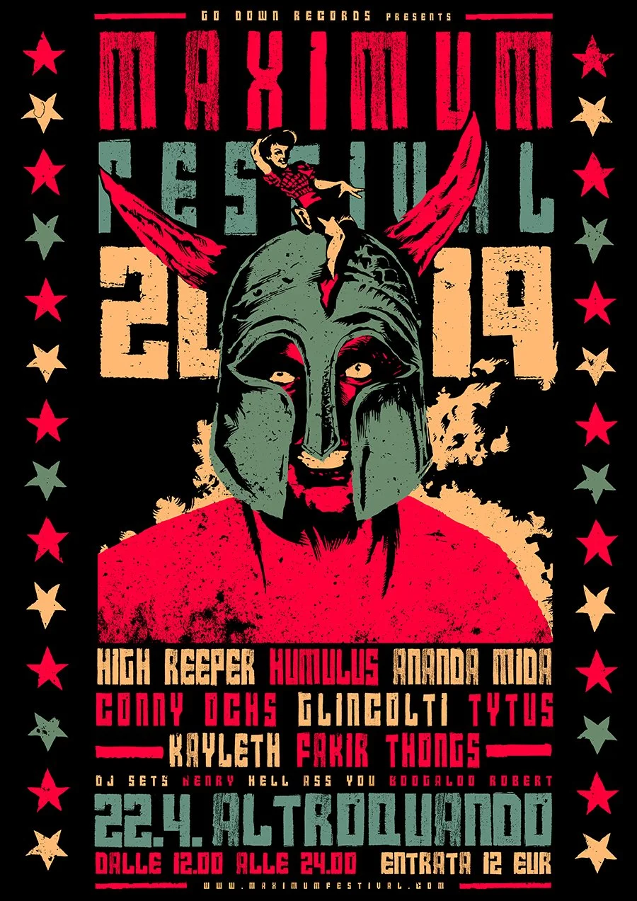
MAXIMUM FESTIVAL, 2019 /// Design for the 2019 Edition of Maximum Festival in Zerobranco, Italy. The festival is curated by italian psych/stoner label Go Down Records.