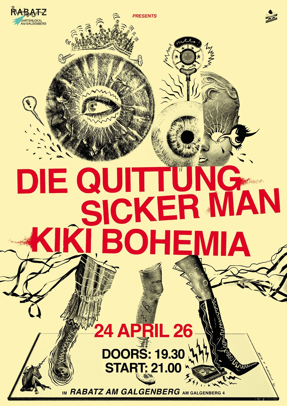 
DIE QUITTUNG, 2026 /// Original posterdesign for "Die Quittung"´s show at Rabatz am Galgenberg in Halle (GER) in May 2026, also featuring SICKER MAN and KIKI BOHEMIA on the bill.