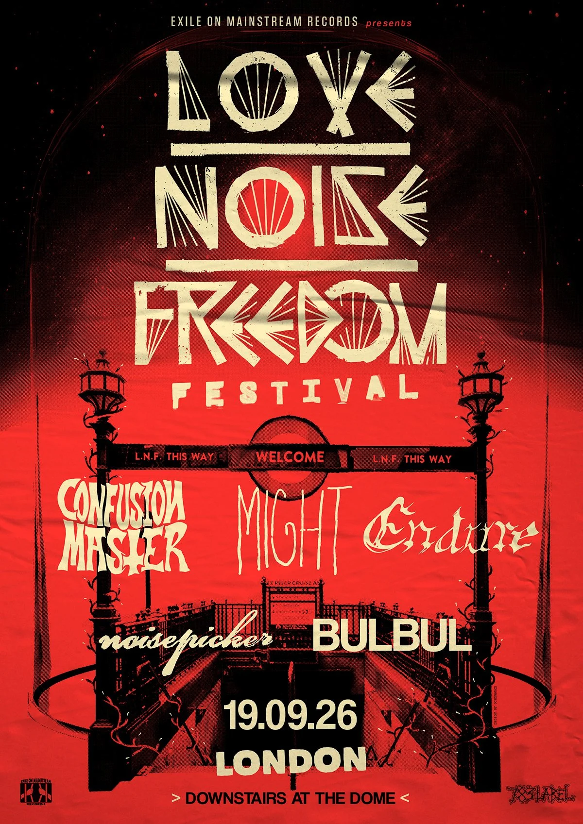 
LOVE.NOISE.FREEDOM FESTIVAL, 2026 ///Original design for the first edition of the "love Noise Freedom" festival in the UK in 2026. The artwork is a patchwork of digital collages and drawings based on the concept of an inspired underground scene, per