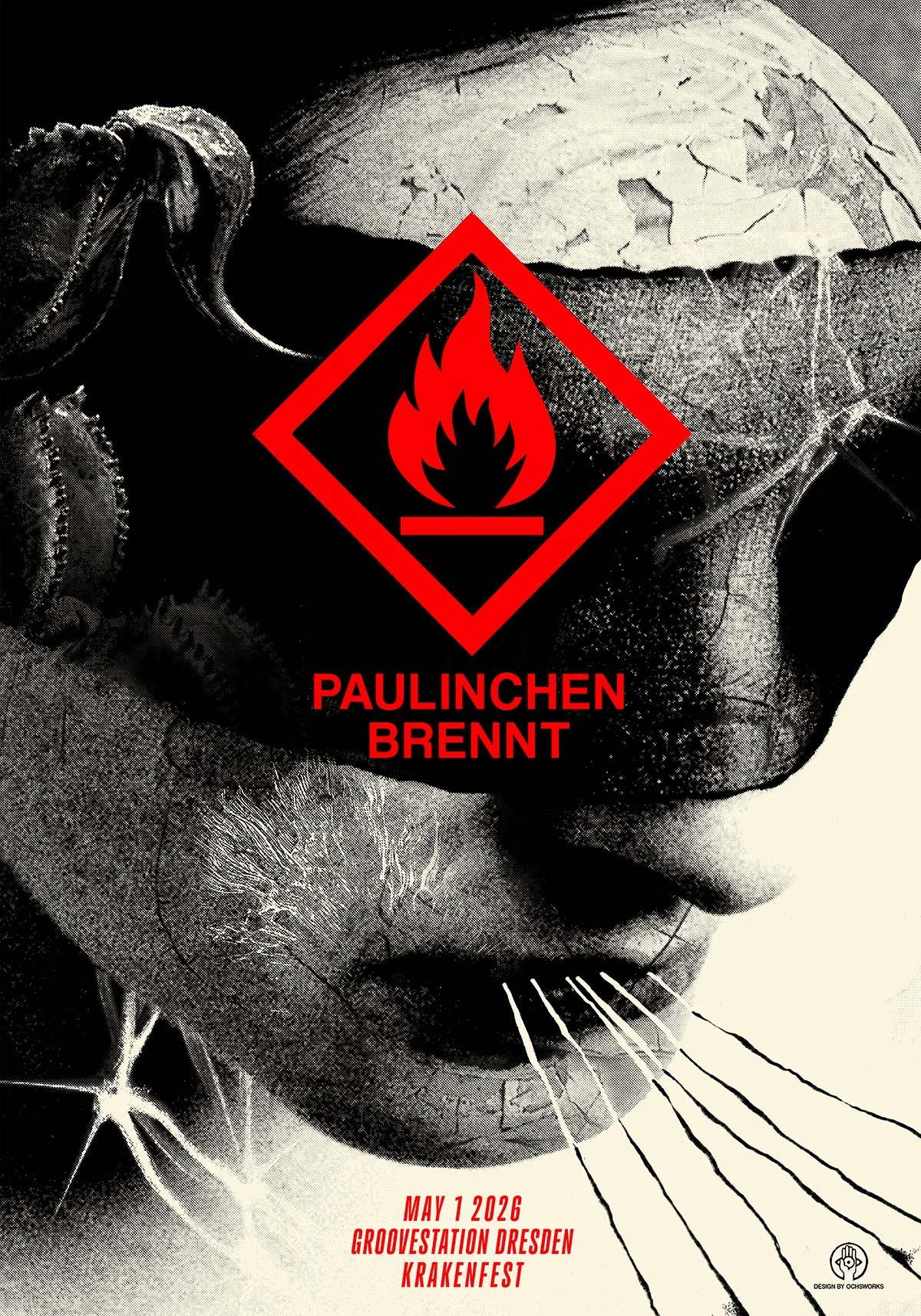 
PAULINCHEN BRENNT, 2026 /// Original Design for "Paulinchen Brennt" at Krakenfest Festival, Dresden (GER). The design was created for a limited screeprint run during the festival, based on a two color-setup.