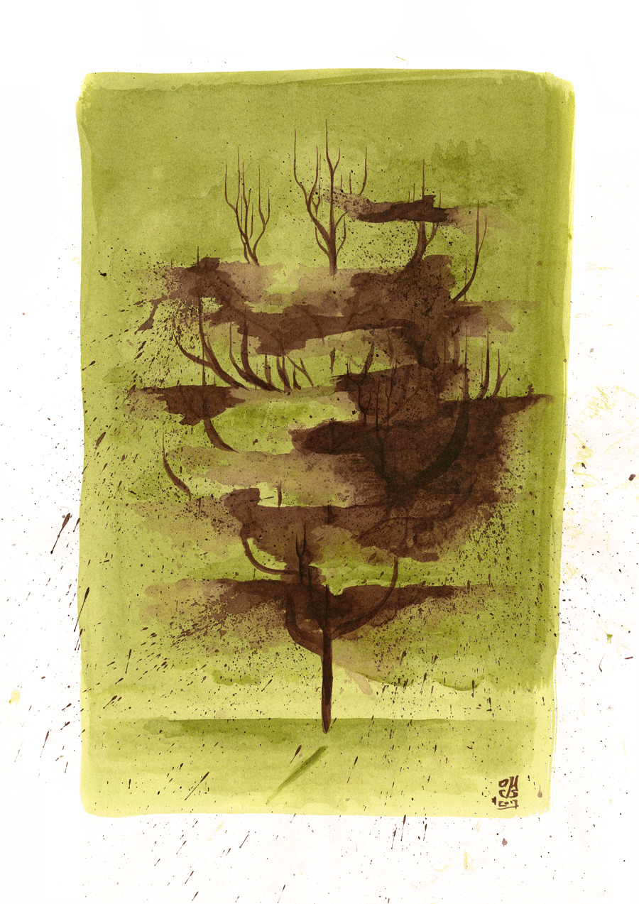 
RAINY TREE, 2017 /// Free work, 2017
(Red, green and ocre ink on paper)
