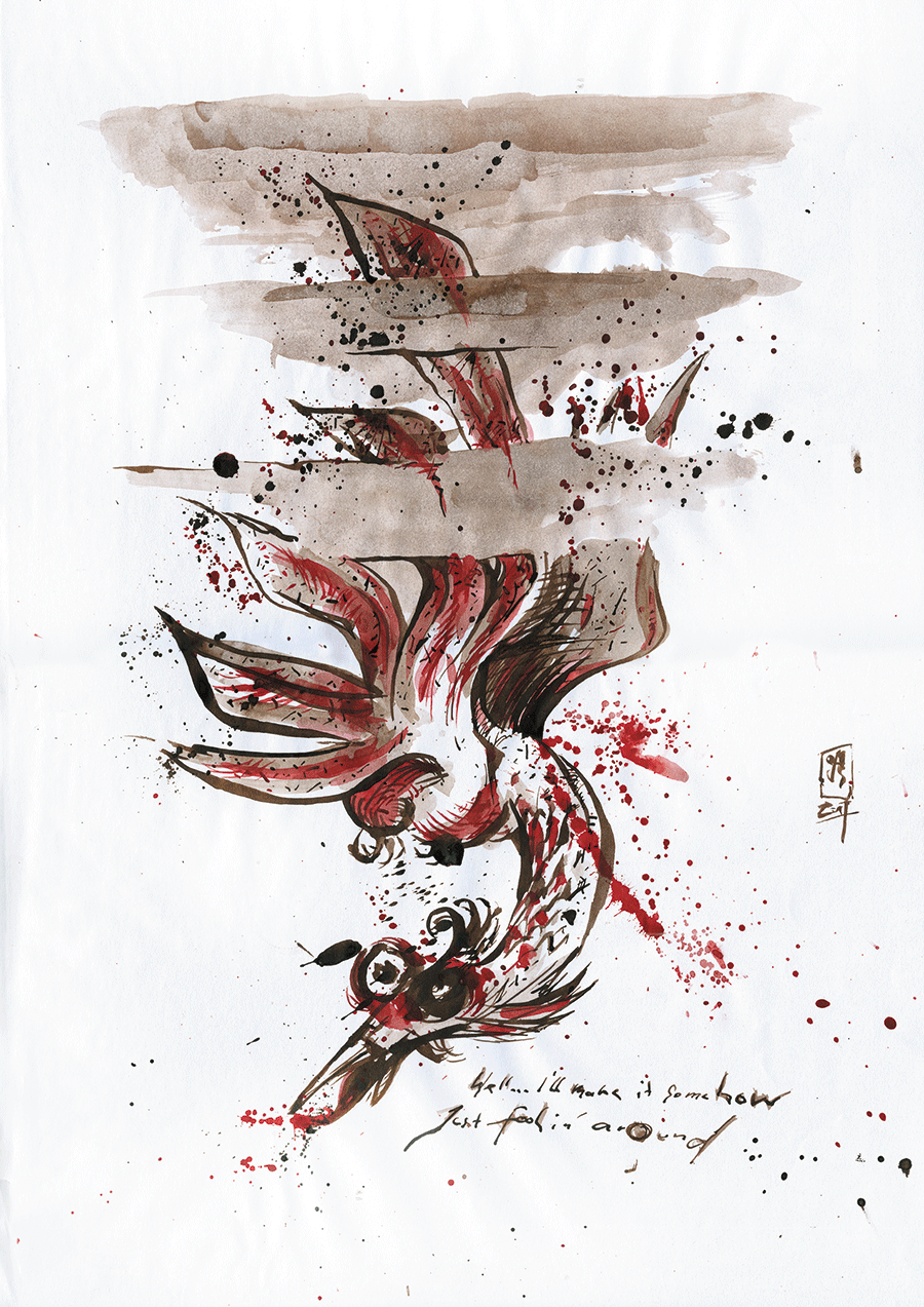 
WELL...I`LL MAKE IT SOMEHOW(...), 2017 /// Premilcuore (ITA) (Sepia & red ink on paper, 29,7cm x 42cm)
