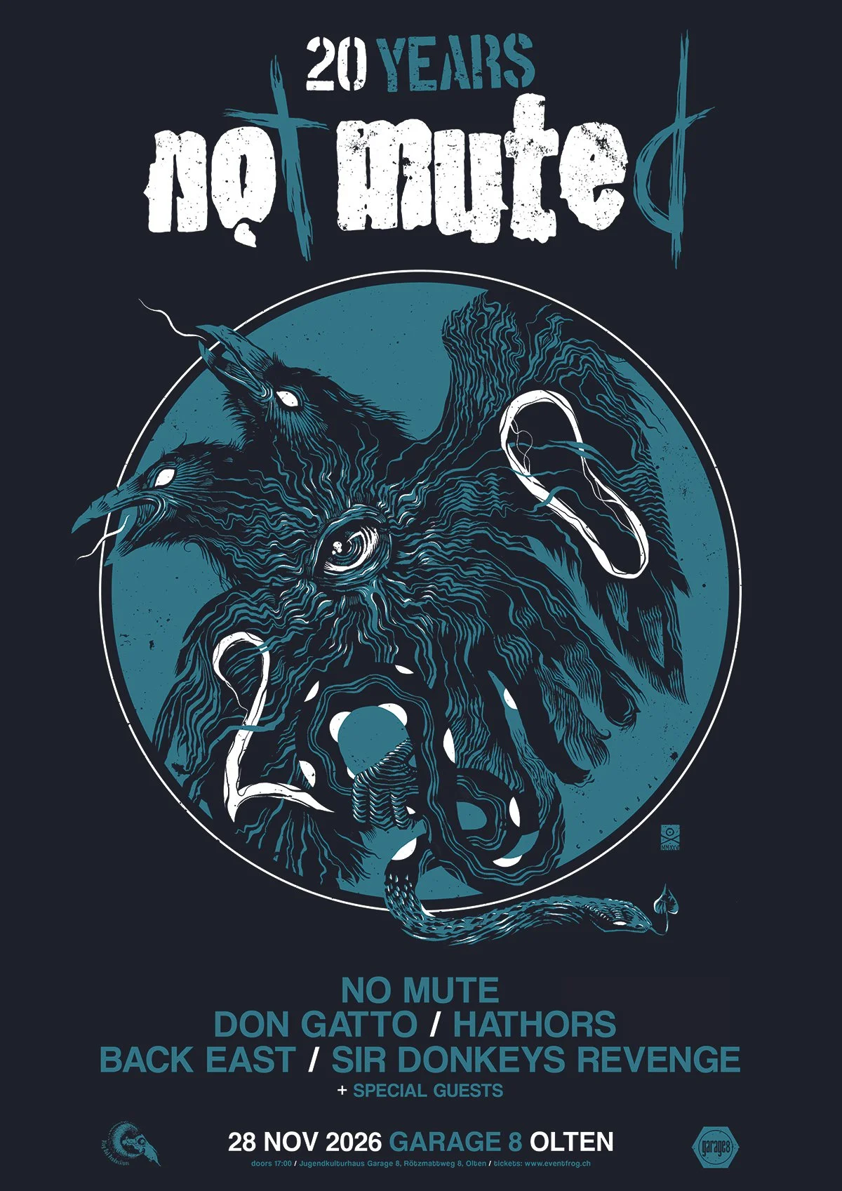 NOT MUTED 20 YEARS, 2026 /// Original artwork for NO MUTE´s 20th anniversary show and festival at Kiff Aarau (CH). Great friends, great line-up, great scene, really happy to be a part of it. Support the DIY scene, it is precious.