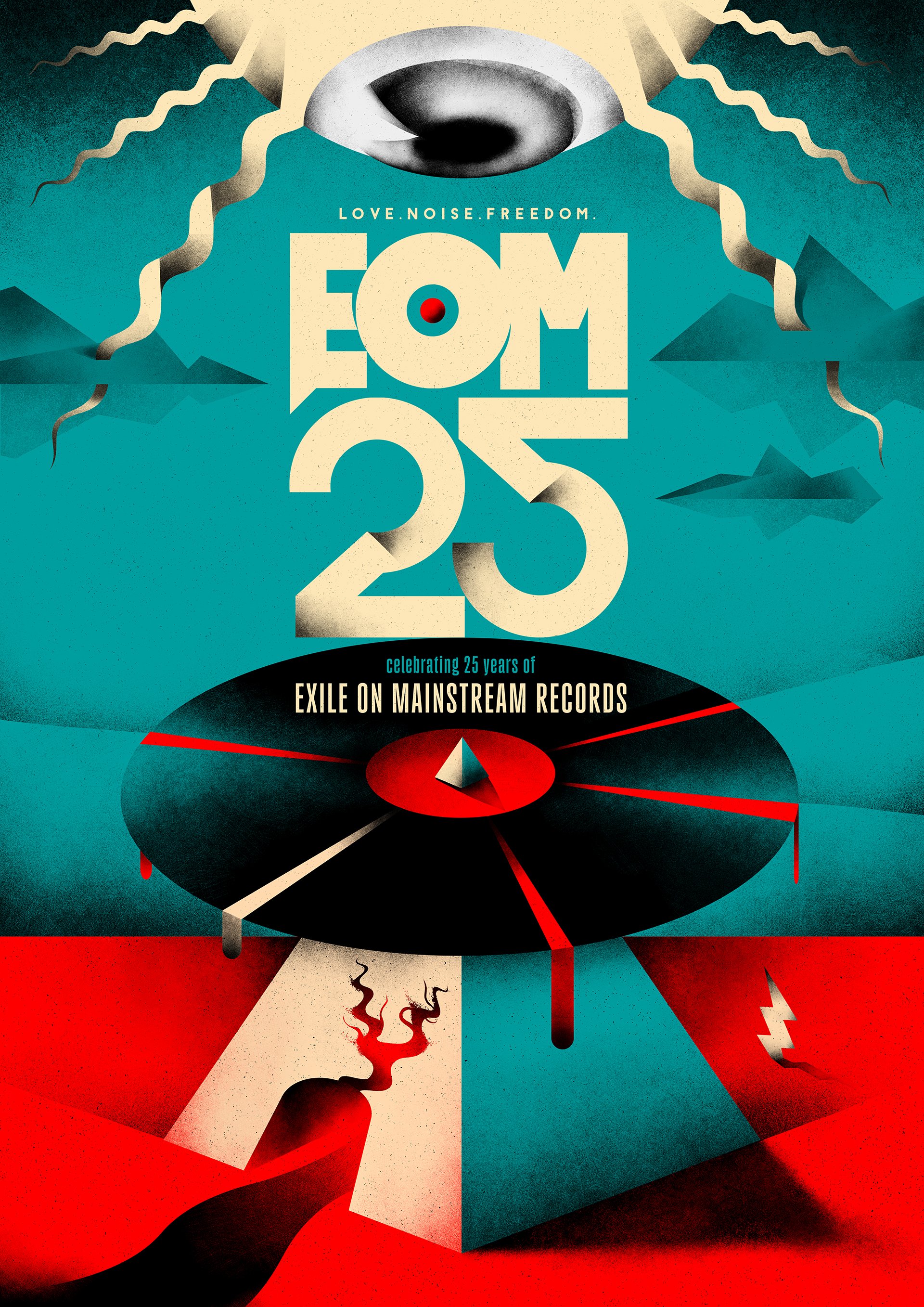 EOM 25, 2025 /// Original poster design for Exile On AMinstream Records´ 25th anniversary festival that took place in Berlin (Neue Zukunft) and Leipzig (UT Connewitz)
