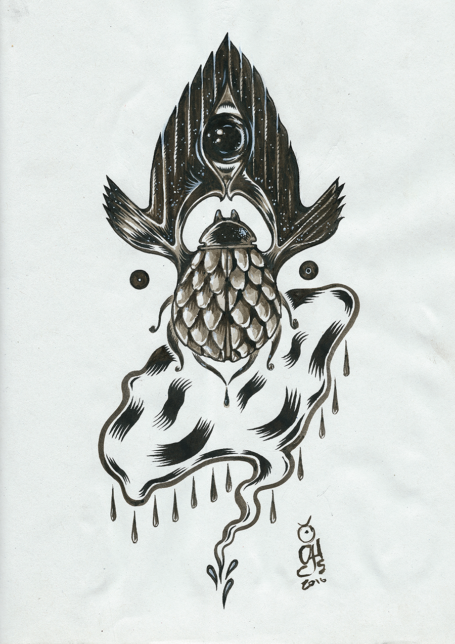 
KÄFER, 2016 /// Homage to Rick Griffin.
(Black, sepia and white ink on grained paper,
29,7 cm x 42 cm)
