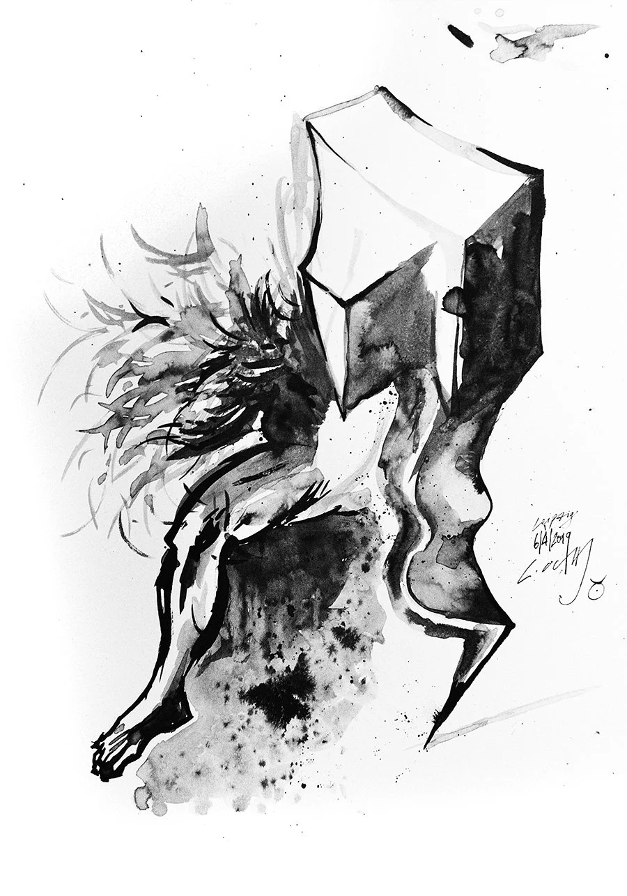 BELLROPE, 2019 /// Live drawing i did during the "Bellrope" show on April 6th at UT Connewitz, Leipzig (GER). (Ink on paper, 29,7cm x 42cm)
