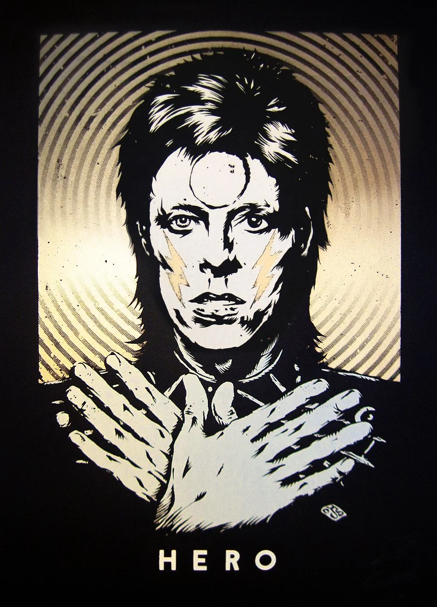 HERO, 2018 /// Love to the stars. This is dedicated to the hero of heroes. The black and the bright star. Unfathomable his heritage. This is No. 2 of the "Heroes" screenprint series (Signed and numbered, 50 copies, handprinted, white & gold on 50 x 7