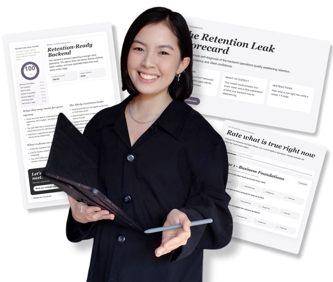 A young woman with short black hair and a black shirt smiling while holding a tablet with papers in the background related to a retention leak assessment.