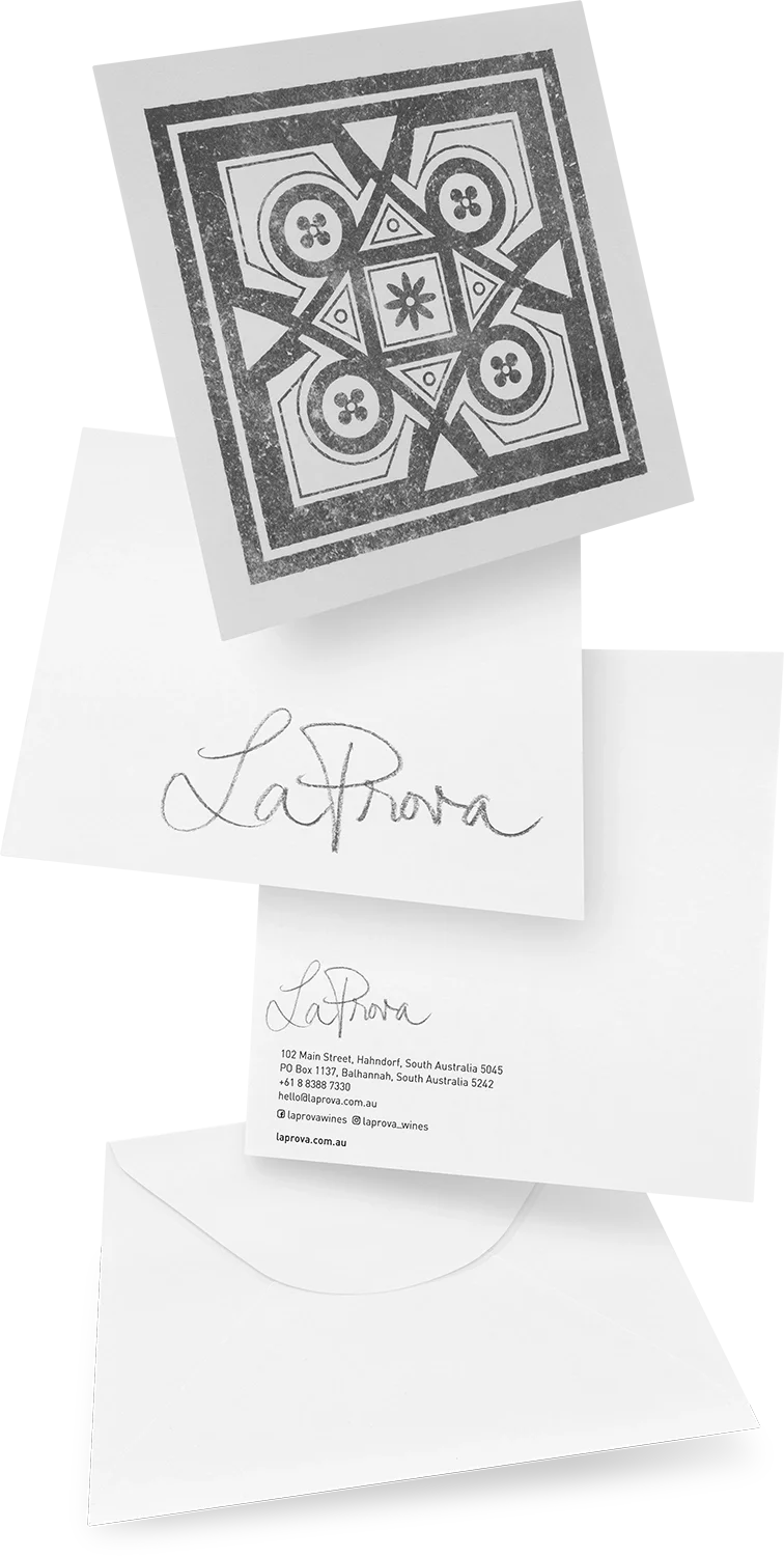 Photograph of a black-and-white business card and letter with the logo and handwritten name 'LaProva', along with contact details for LaProva wine company in Australia.
