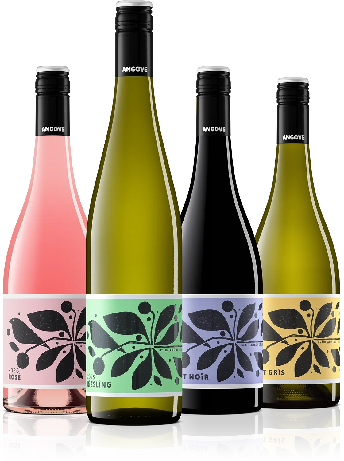 Four bottles of Angove wine with black caps, labeled with a stylized black leaf design and different colors for each type: rosé, riesling, noir, and gris.