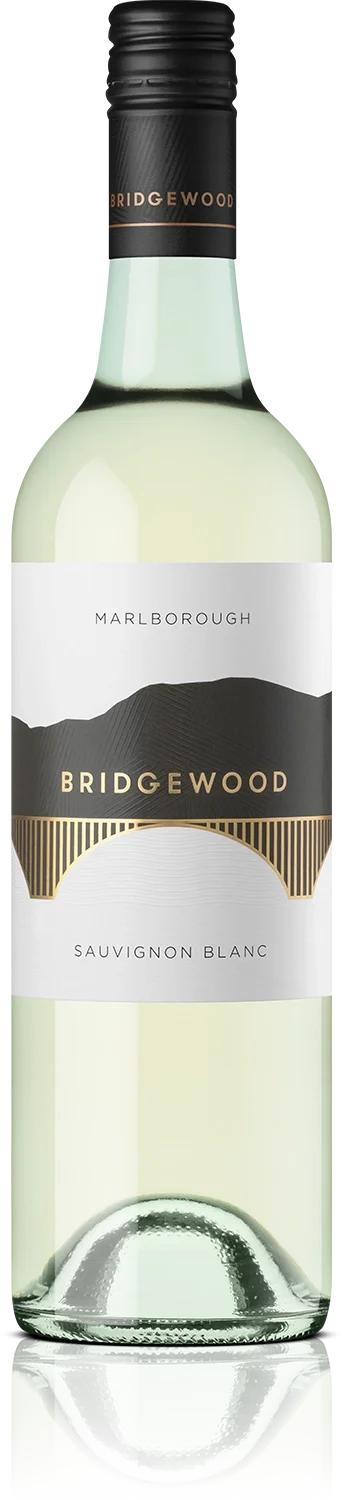 A bottle of Bridgewood Marlborough Sauvignon Blanc white wine with a black and gold label.