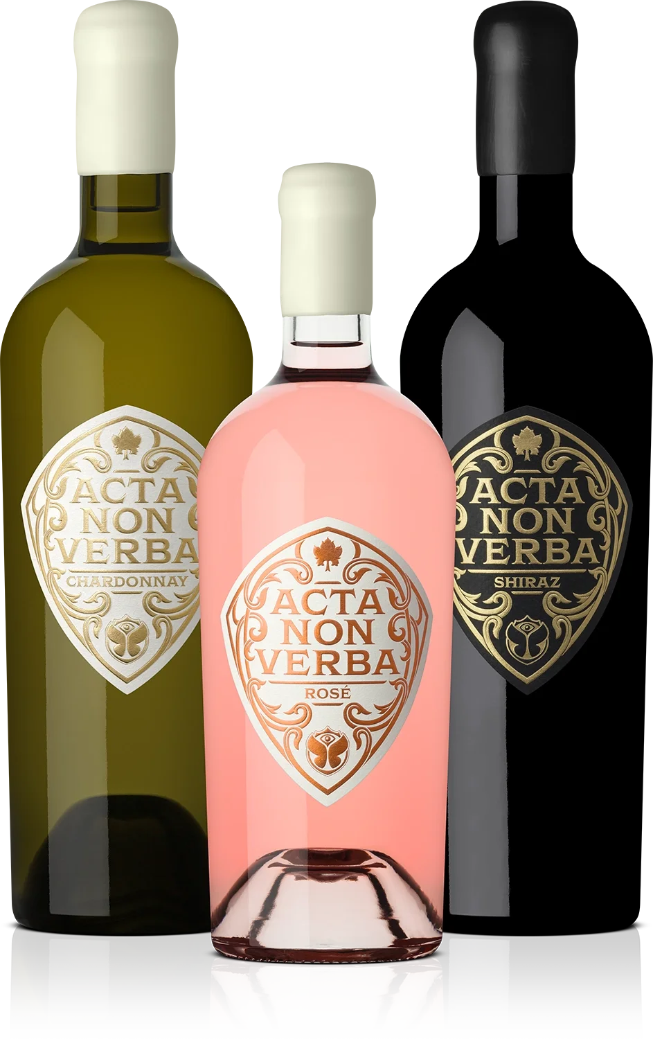Three bottles of wine: Chardonnay, Rosé, and Shiraz with ornate labels.