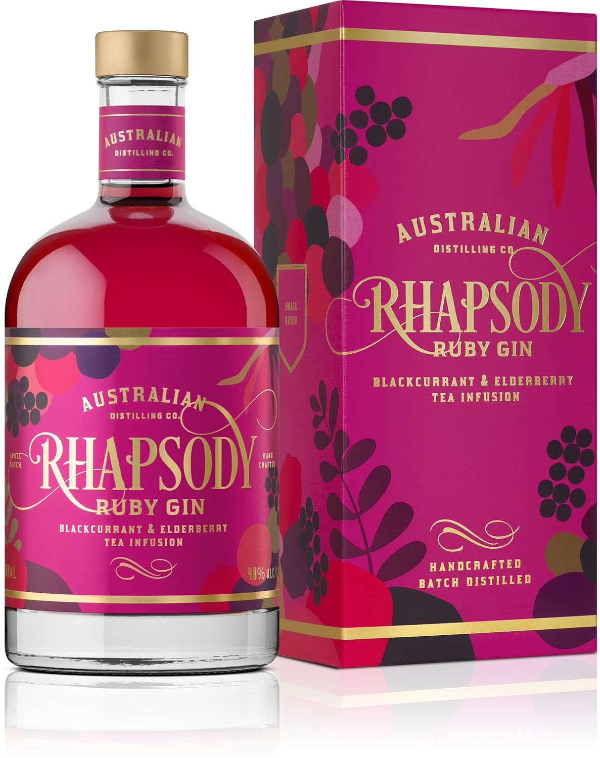 A bottle and box of Australian Rhapsody Ruby Gin with a pink and floral design.