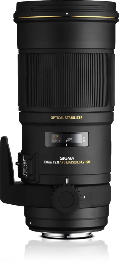 Close-up view of a Sigma 180mm f/2.8 APO Macro DG HSM lens with black body and gold accents.