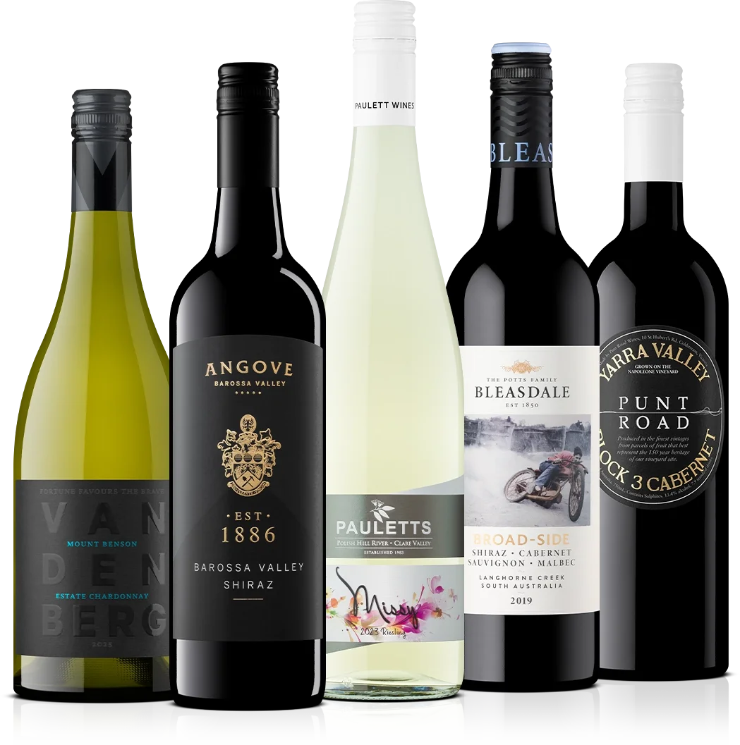 Five bottles of wine with various labels and colors, standing in a row against a white background.