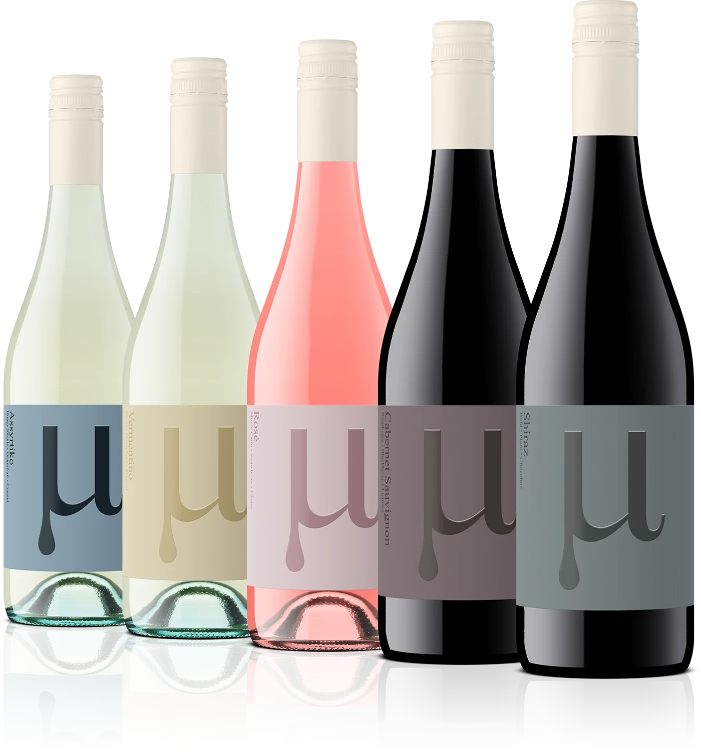 A row of five bottles with different colored labels, including light green, beige, pink, black, and gray, each with a reflective surface underneath.