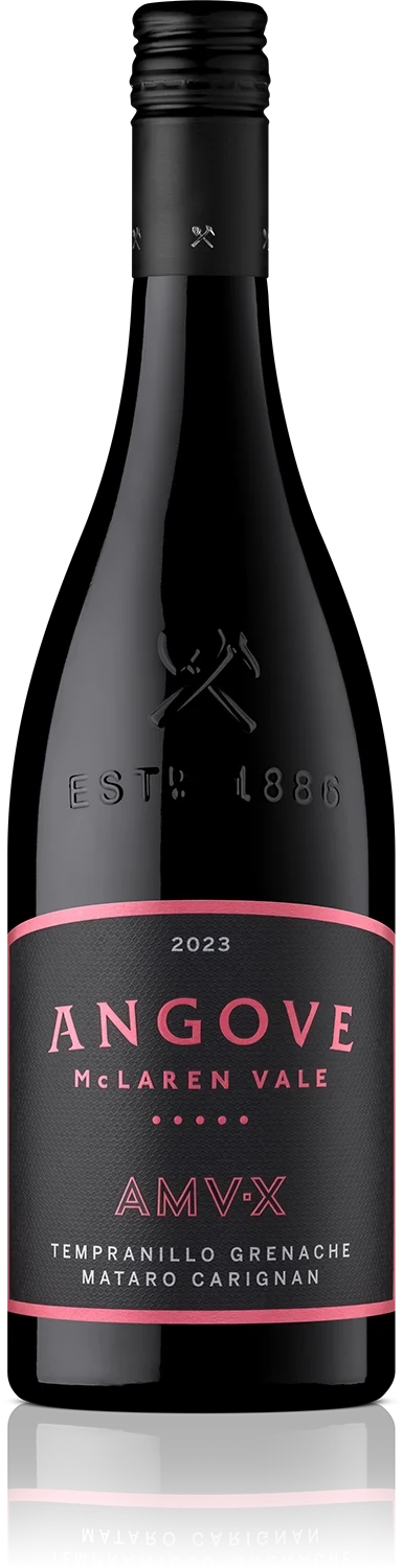 A black wine bottle labeled 'Angove McLaren Vale 2023 AMV-X Tempranillo Grenache Mataro Carignan' with pink accents.