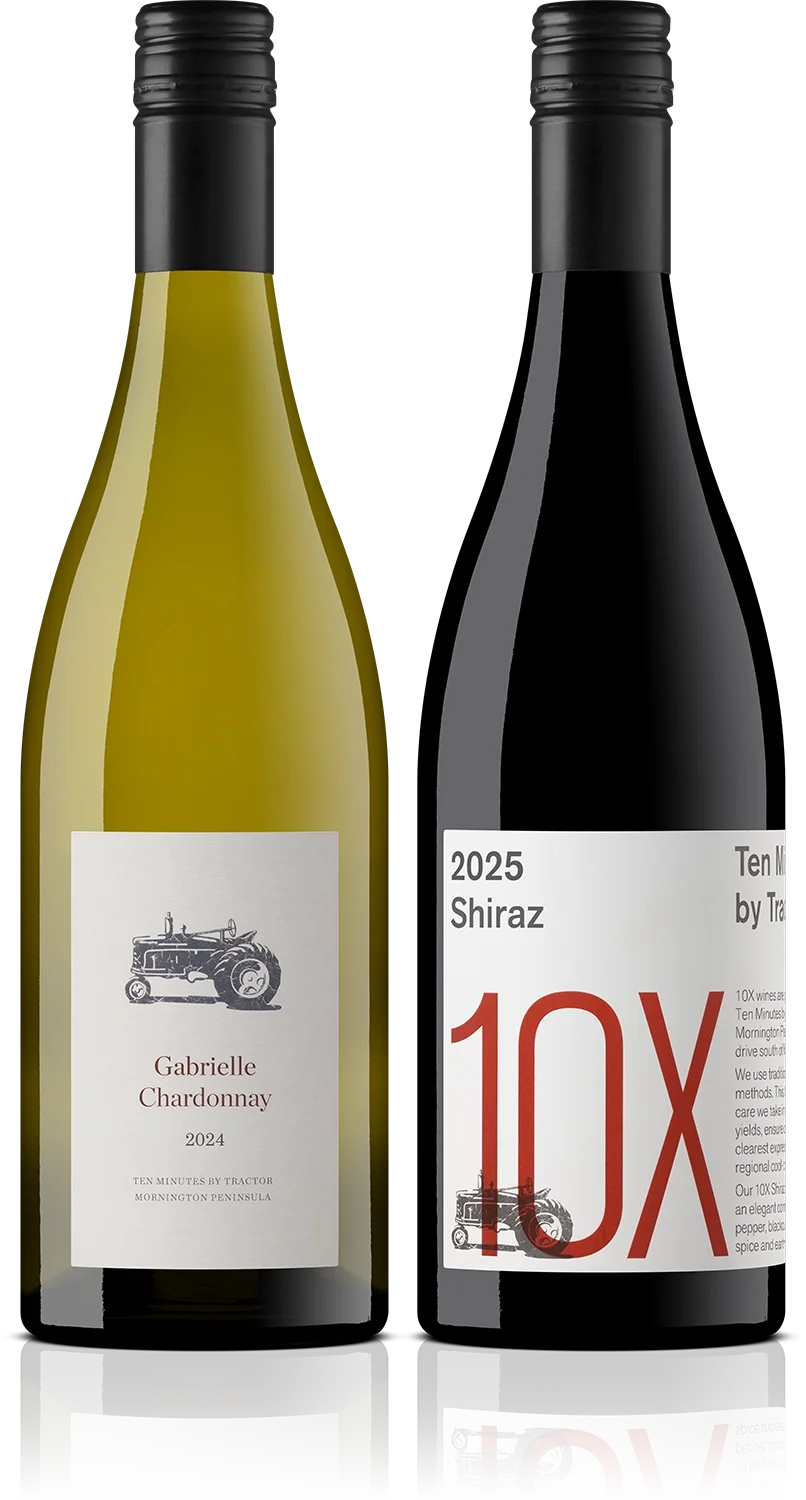 Two bottles of wine, one white labeled 'Gabrielle Chardonnay 2024' and one red labeled '2025 Shiraz 10X'.