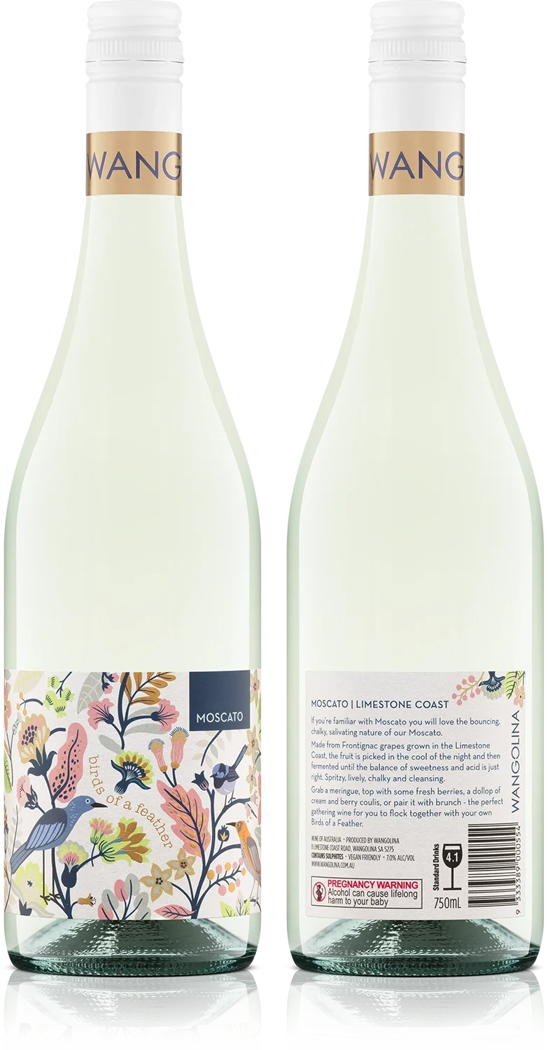 Two bottles of Wangling Moscato wine with colorful, floral and bird-themed labels and white caps, standing side by side.