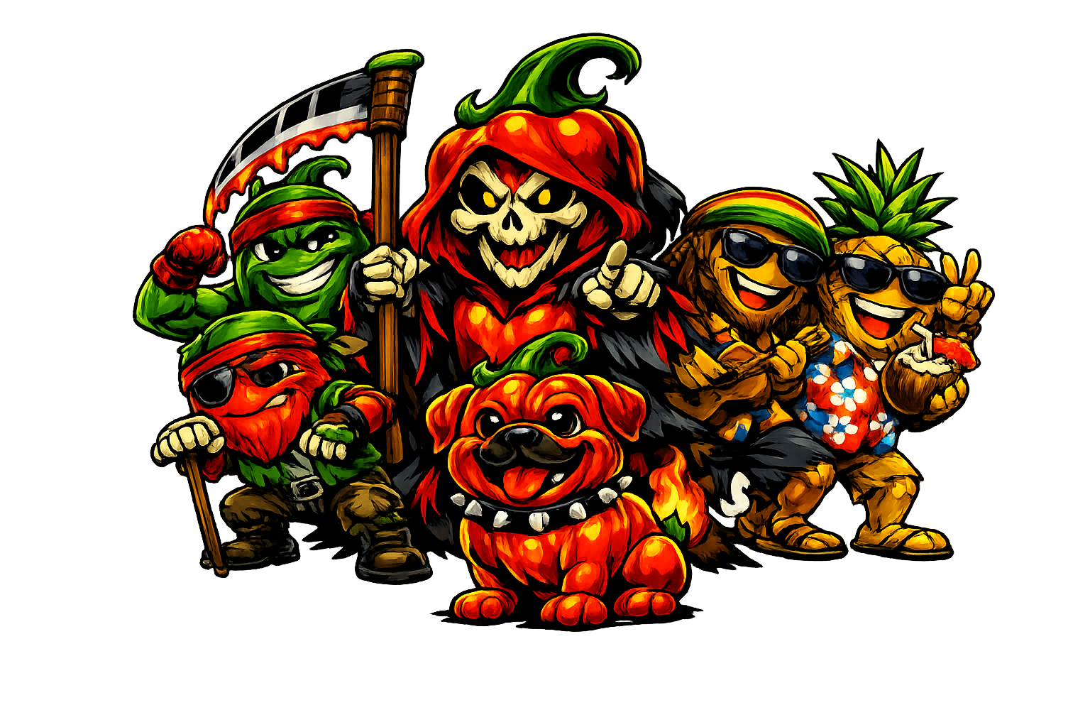 Cartoon group of tropical characters including a skull in a pumpkin costume, two pineapples with sunglasses, a dog in a pumpkin costume, and chaperones dressed as elves or adventurers, all with bright colors and cheerful expressions.