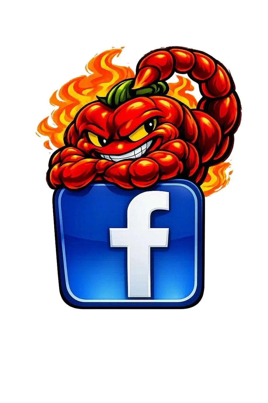 Facebook logo with a cartoon chili pepper with an aggressive face and flames behind it.