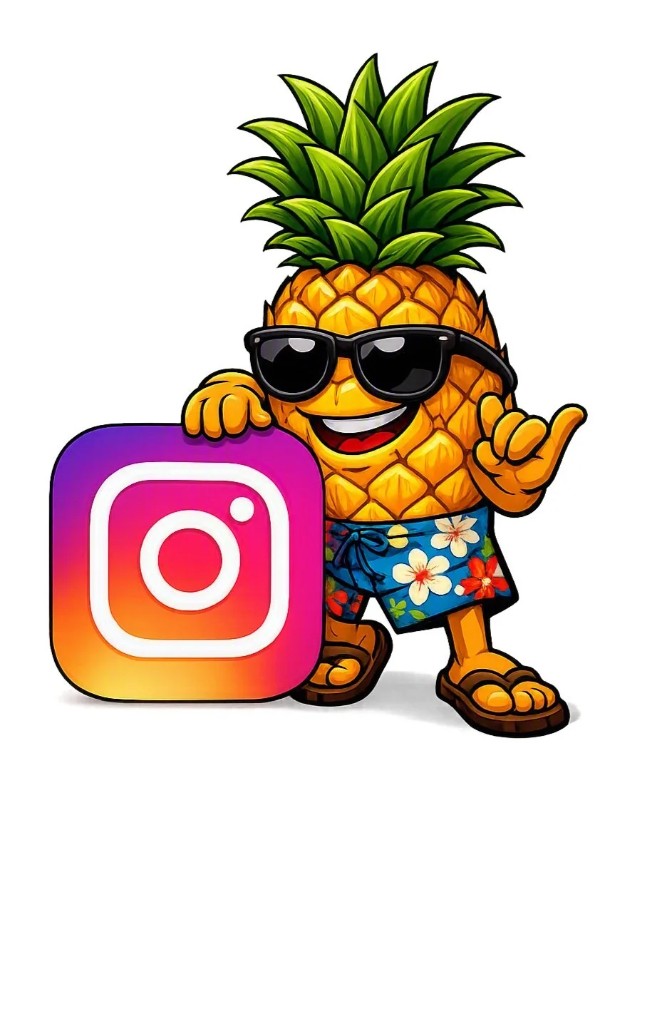 A cartoon pineapple wearing sunglasses and floral shorts, holding an Instagram logo, giving a shaka sign, with a big smile.