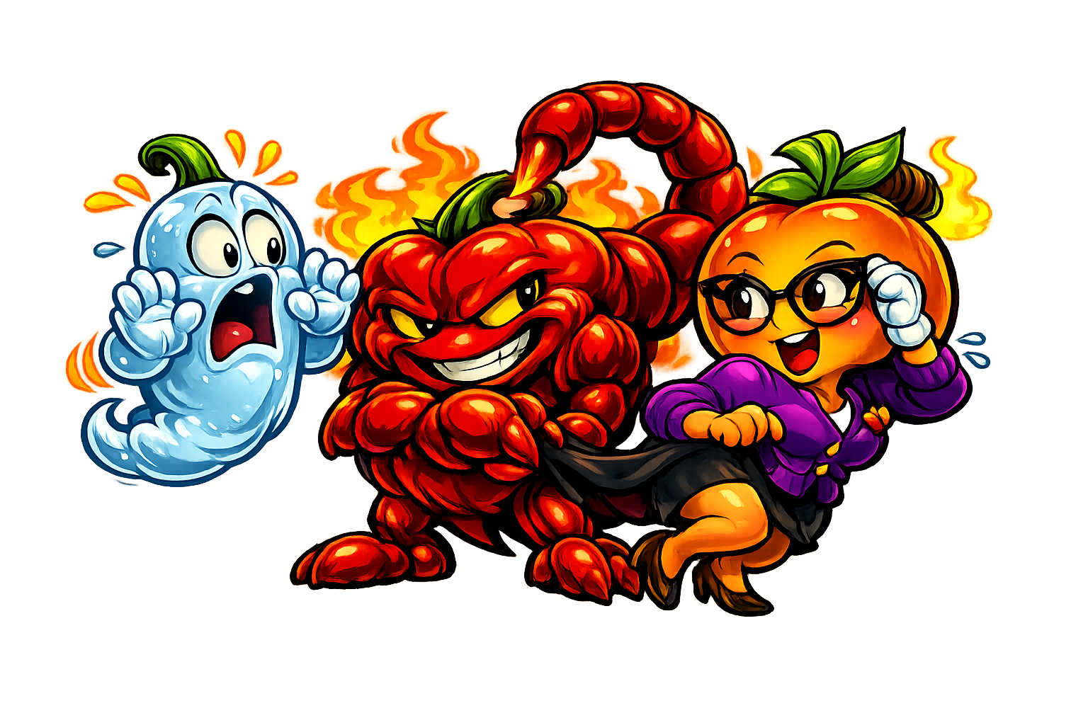 Cartoon illustration of a ghost, a fiery red chili pepper monster, and a smiling pumpkin girl with glasses, dressed in purple, against a yellow background with flames.