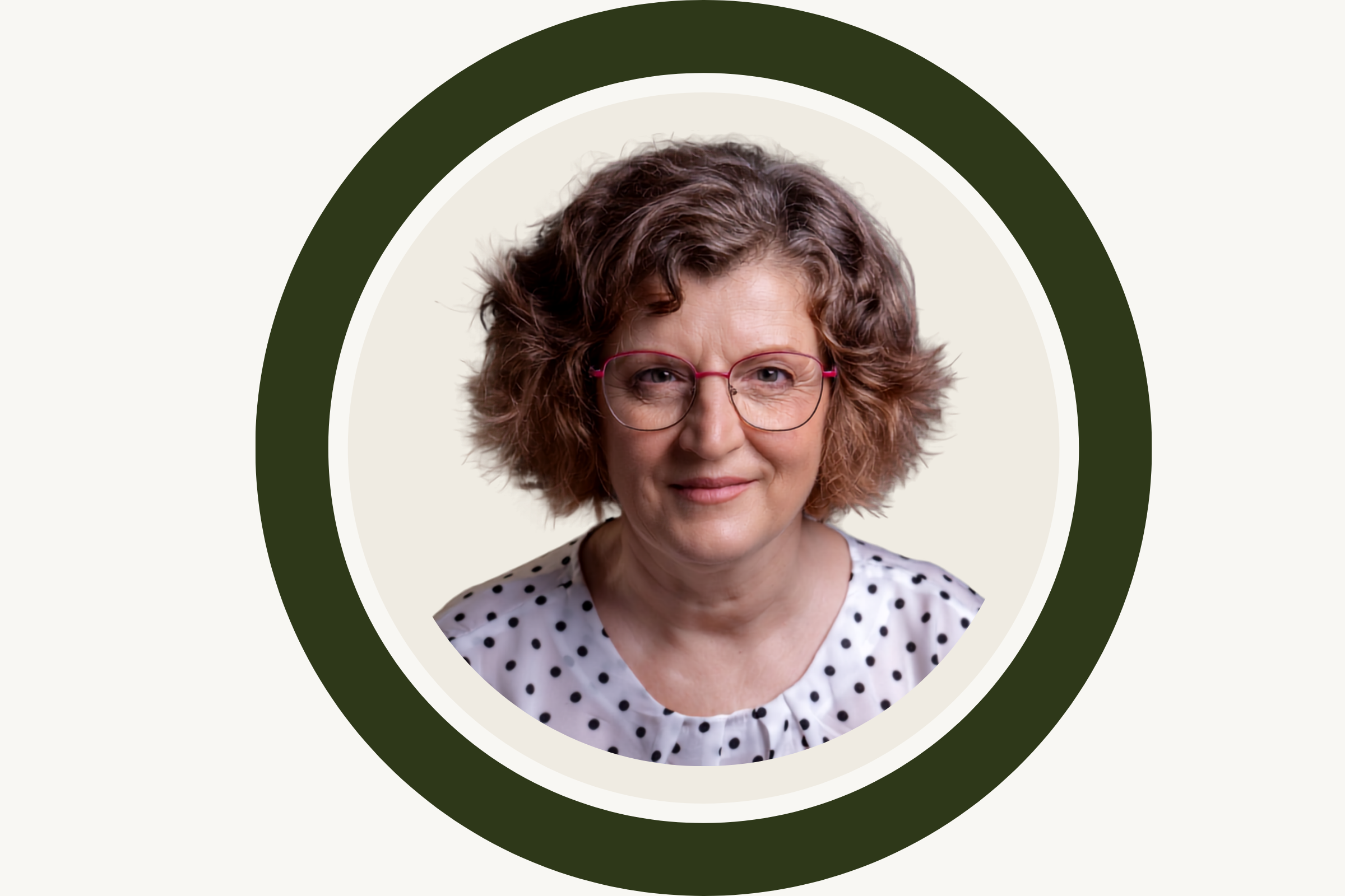 A portrait of an older woman with curly brown hair, wearing pink-rimmed glasses, and a polka dot blouse, smiling subtly, against a background with concentric circles.
