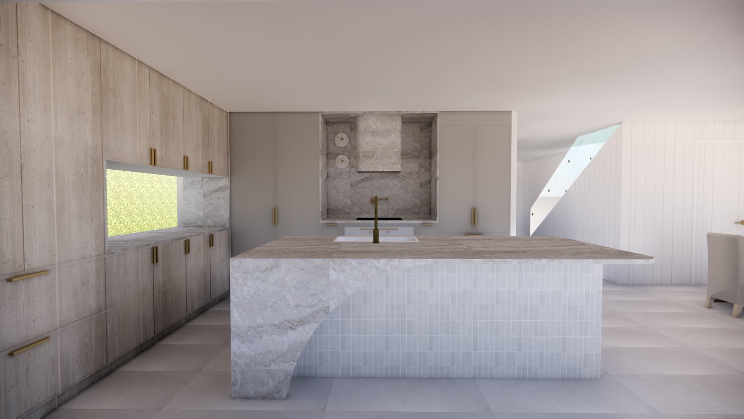 3D concept modelling of a modern kitchen with marble island, wooden cabinets, and neutral colors.