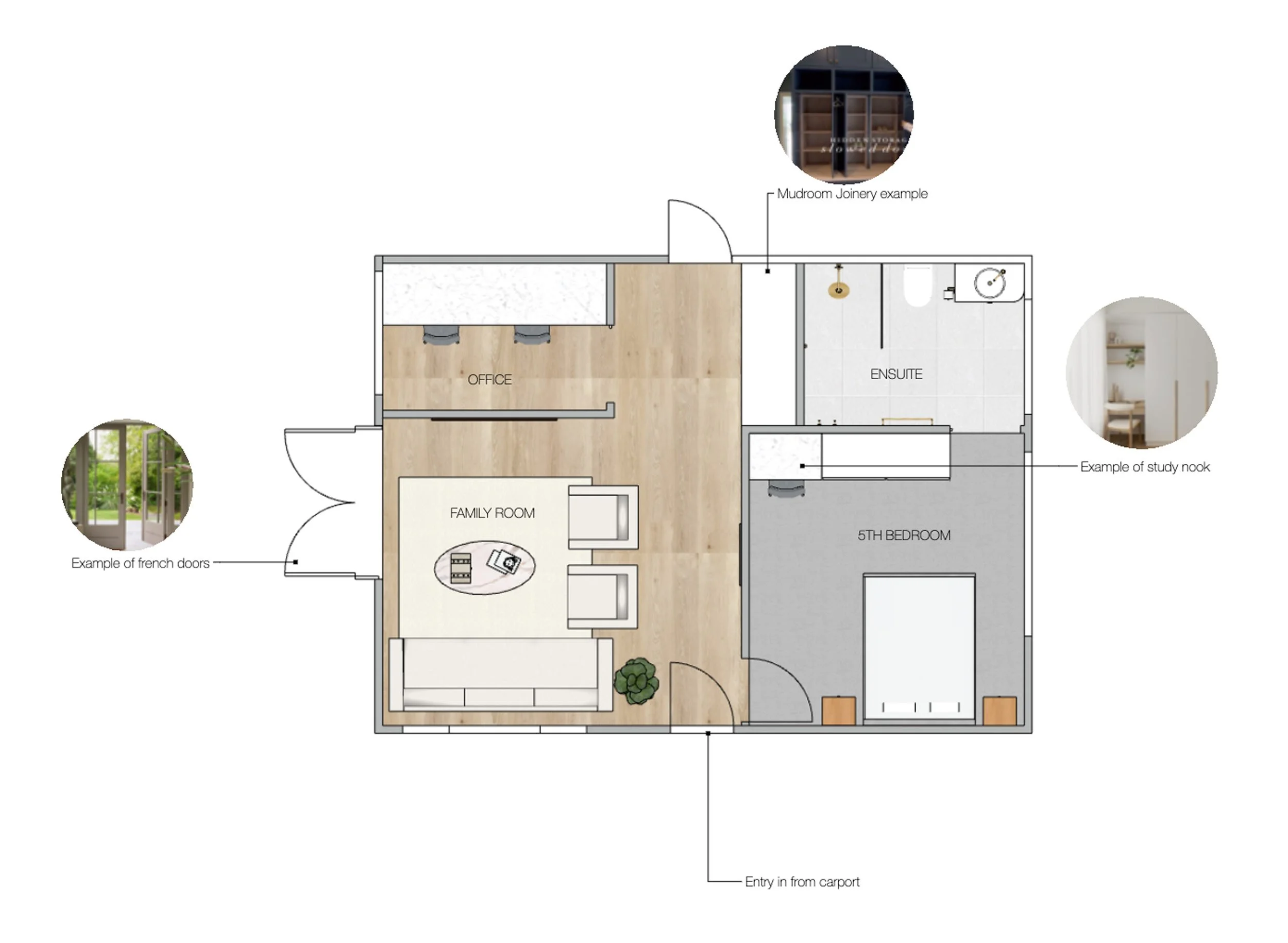 Rumpus room floor plan, designed by Christine Fletcher Design, Gold Coast interior designer.