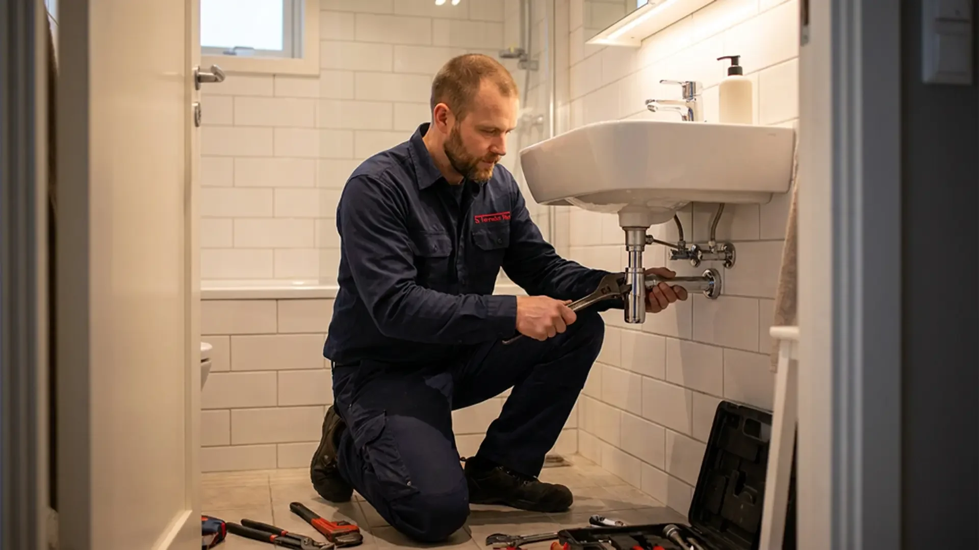 En mann som reparerer en vask i et badekar. Han bruker en skiftenøkkel og er omgitt av verktøy i en åpen verktøykasse. Badet har hvite fliser og en liten vindu.