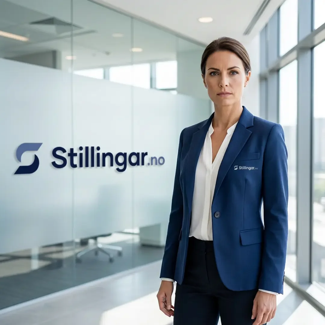 En kvinne i blå blazé som står i et kontorlokale med vindusveg som viser en byutsikt, foran en glassvegg med logoen til Stillingsar.no.