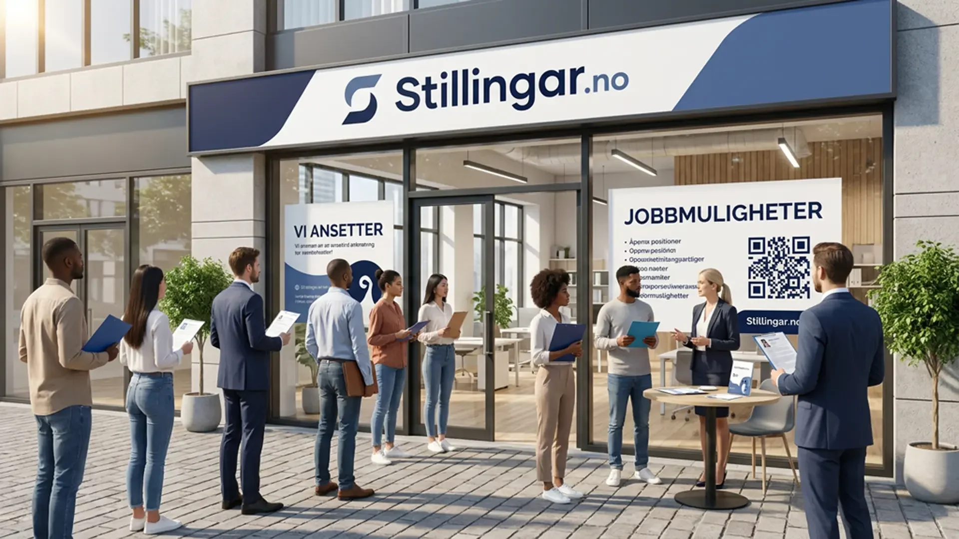 Folk står i kø foran et kontorfellesskap som heter Stillingar.no, der de søker jobber eller utveksler informasjon. Du ser også en leder som snakker med en gruppe mennesker.
