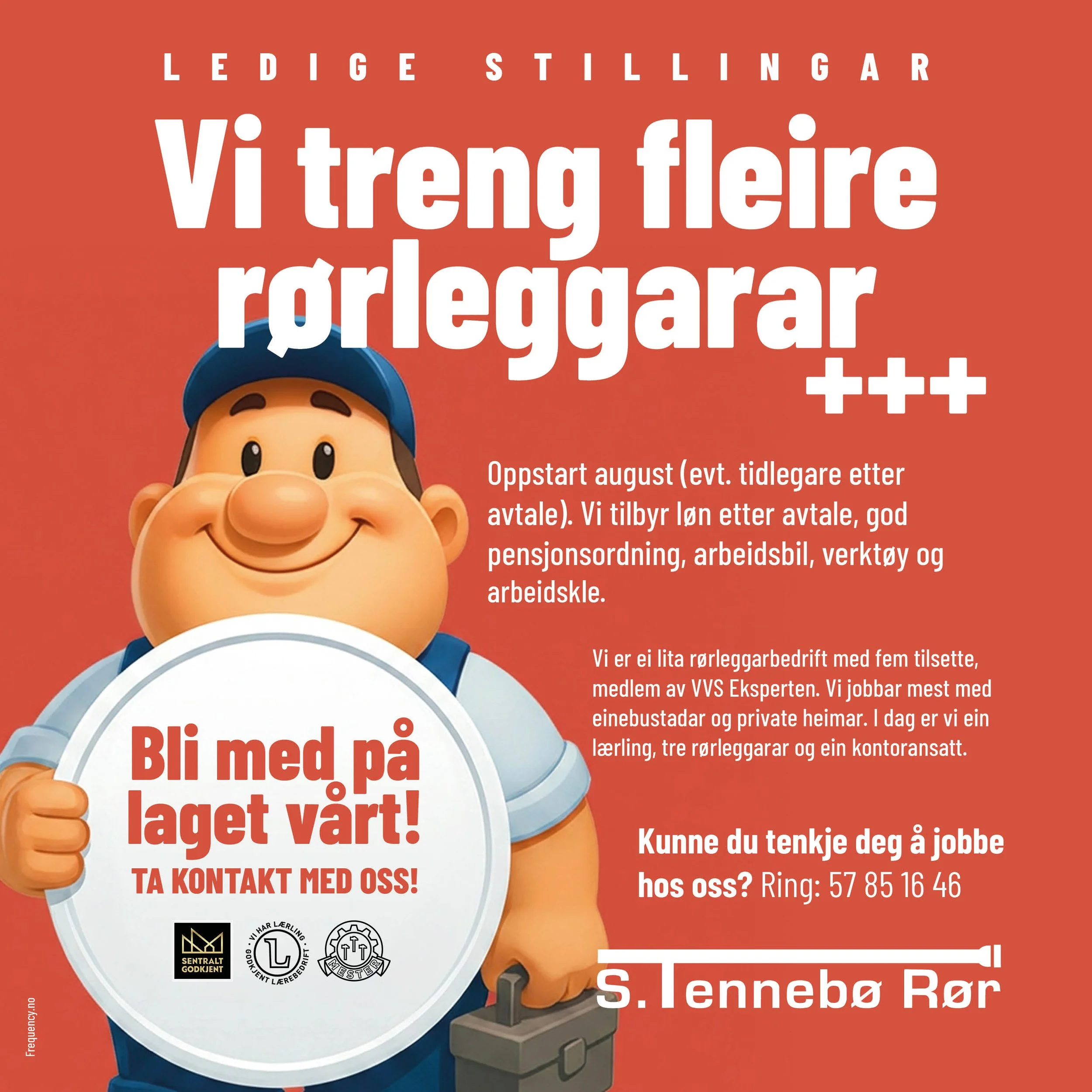 Rekrutteringsplakat med en tegneseriefigur som er en liten ingeniør med hjelm og verktøy, og tekst på norsk som oppfordrer til kontakt for jobb i snekring. Bakgrunn er rød.