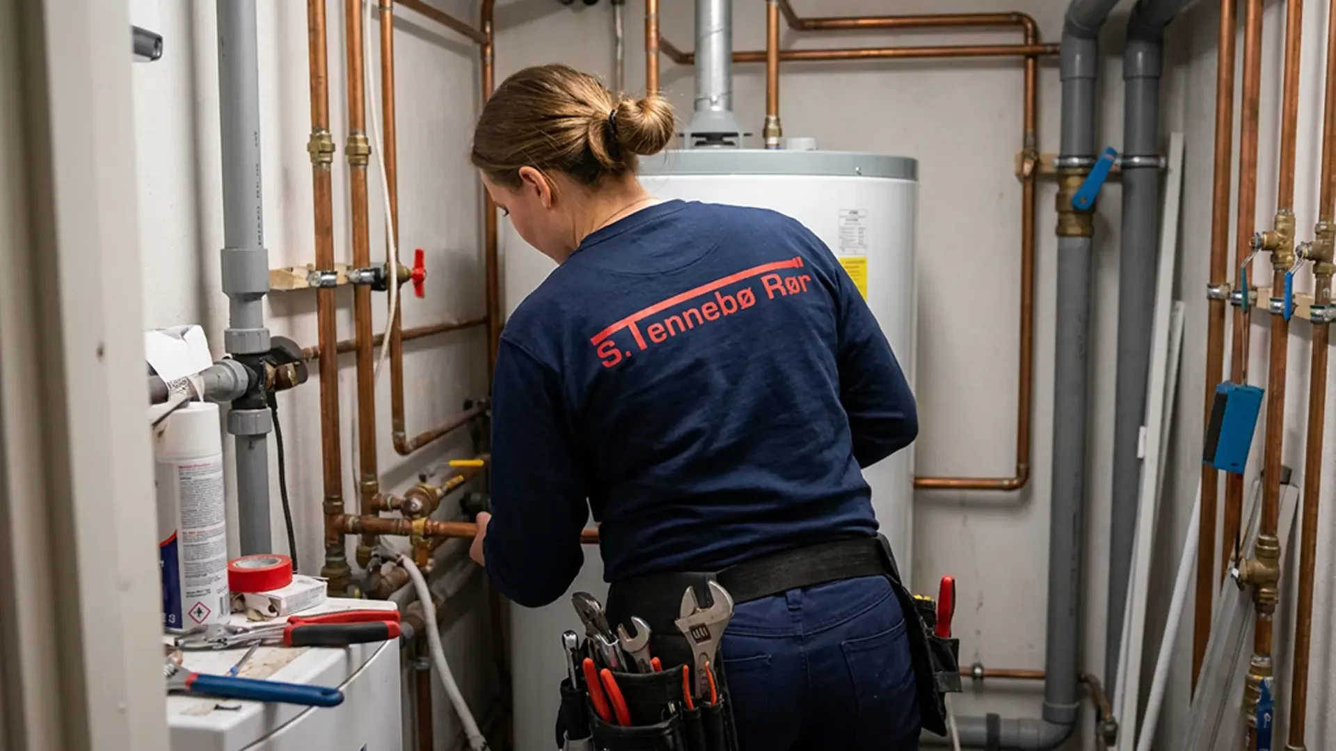 En kvinne som jobber med rørleggerarbeid i et rom med kobber- og plastrør, iført arbeidsdress med påskriften 'S. Tennebø Rør' på ryggen. Hun har verktøy i beltet og arbeidsverktøy på bordet.