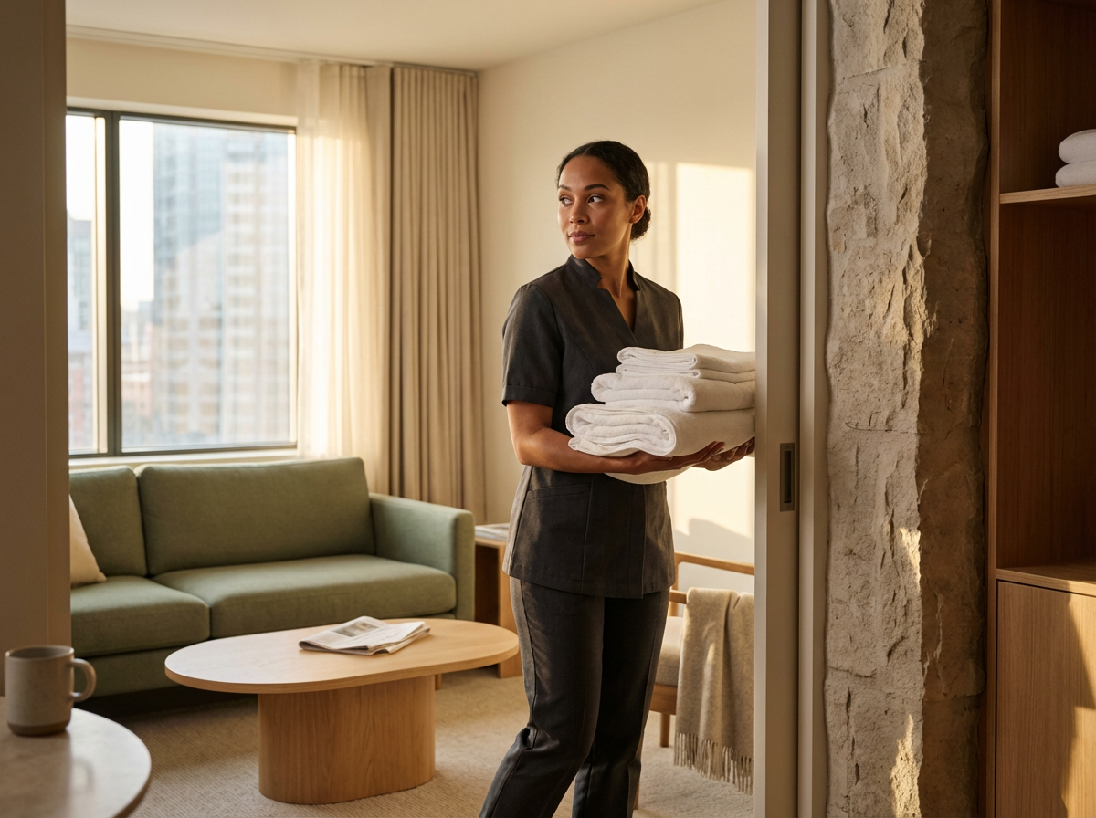 A woman in uniform standing inside a hotel room holding a stack of folded white towels.