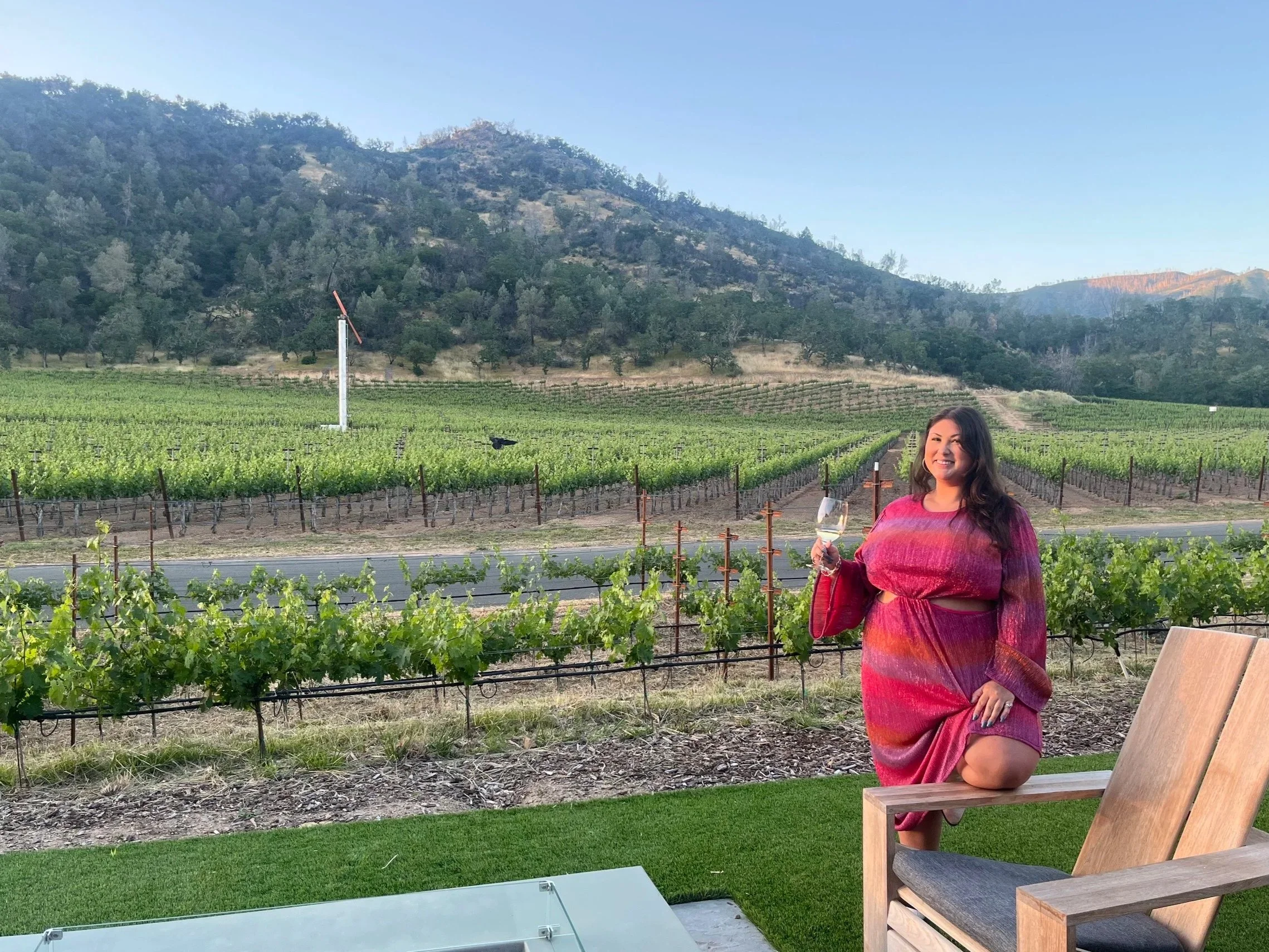 A woman in a pink and purple dress kneels on a bench holding a glass of white wine, outdoors in a vineyard with a mountain in the background, on a clear day.